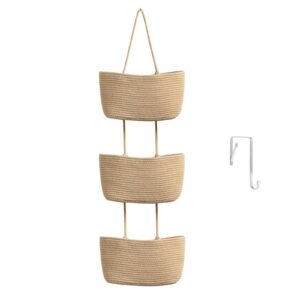 Over the Door Hanging Basket, 3-Tier Woven Cotton Wall-Mounted Storage Organizer Bag Decorative Hanging Nursery Baskets, Jute