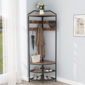 GiftGo Corner Hall Tree with Shoe Bench Entryway Coat Rack with 10 Metal Movable Hooks Floor Standing Clothes Rack Shoes Shelf Organizer for Home Office Bedroom (Rustic Brown)