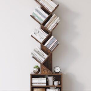 SUNMORY 6 Tier Tree Bookshelf, Small Bookcase with Storage Cabinet, Modern Tall Narrow Bookshelves Organizer, Floor Standing Book Shelf for Bedroom/Living Room/Home Office/Corner, Rustic Brown
